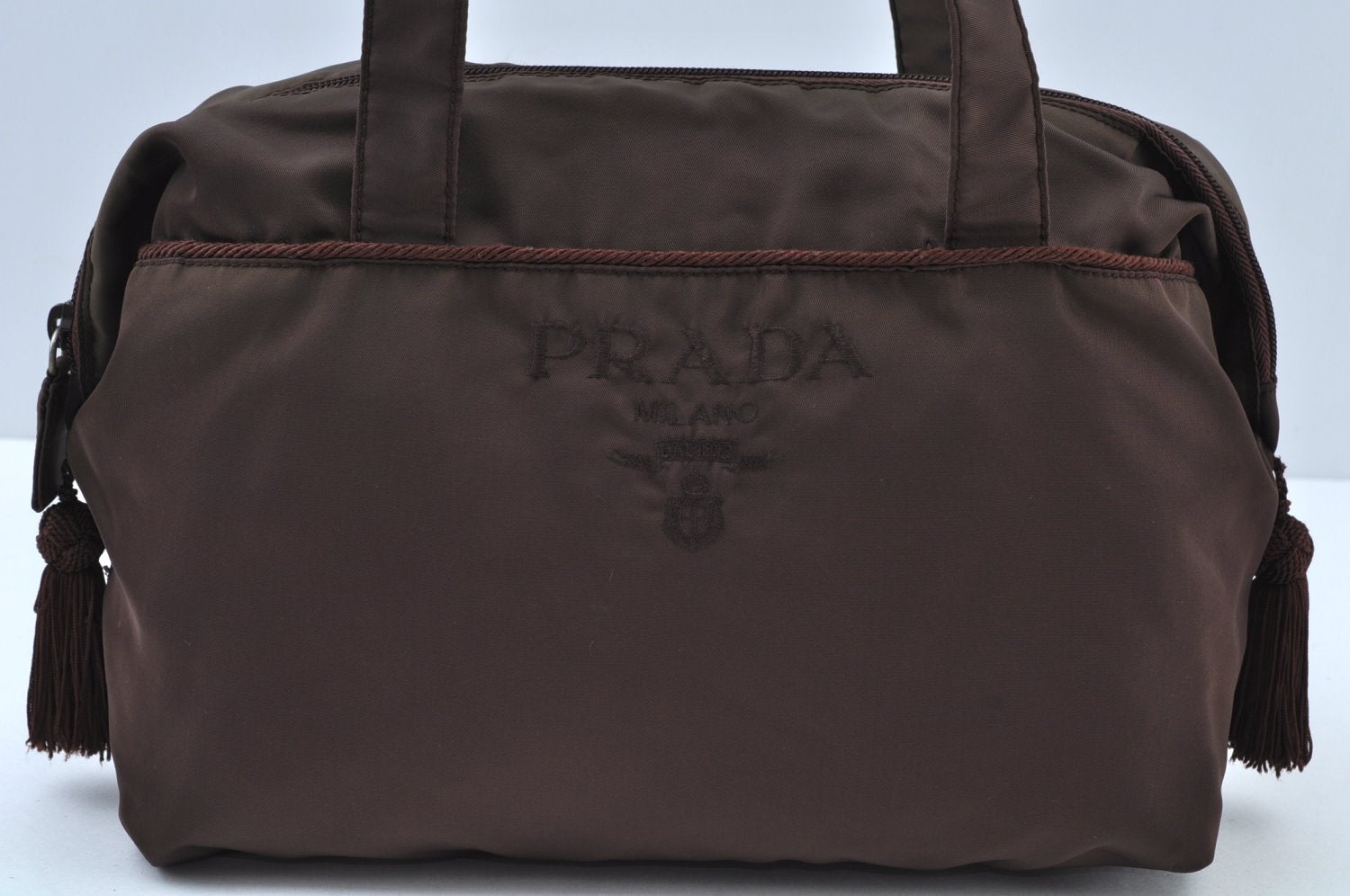 Authentic PRADA Nylon Tessuto Leather Sholuder Tote Bag Brown Green K9617