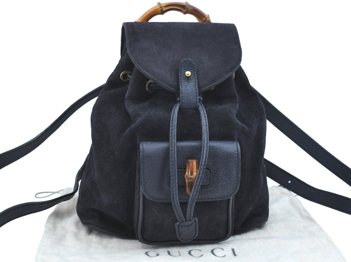 Authentic GUCCI Bamboo Backpack Suede Leather White Navy K9637