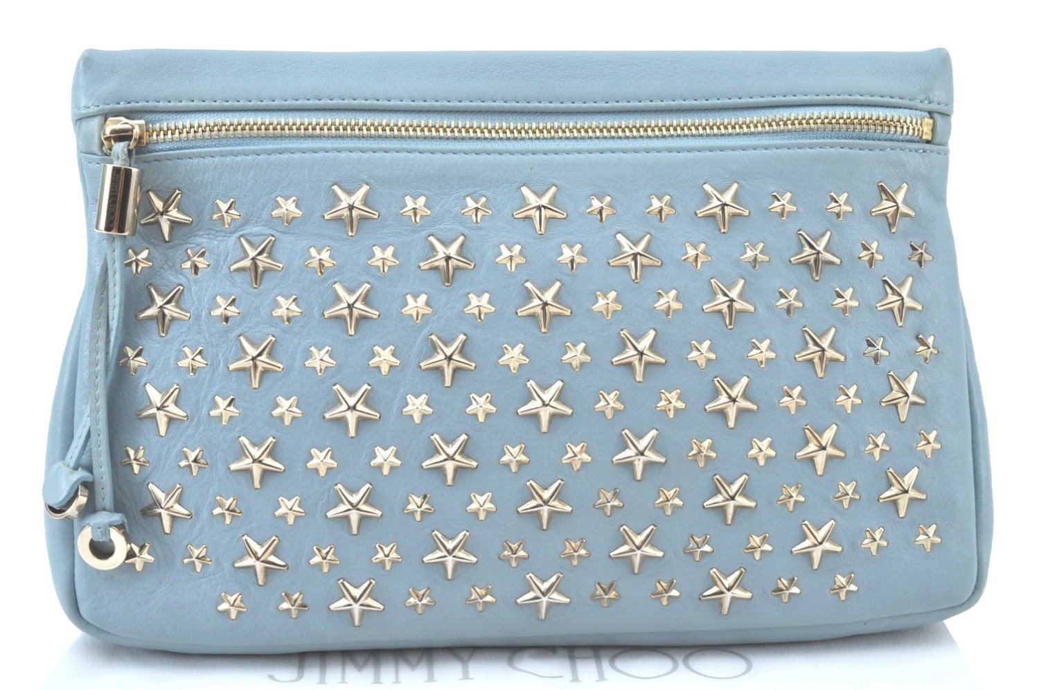 Authentic JIMMY CHOO Star Studs Leather Clutch Bag Purse LightBlue K9652
