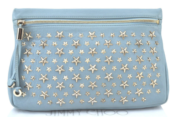 Authentic JIMMY CHOO Star Studs Leather Clutch Bag Purse LightBlue K9652