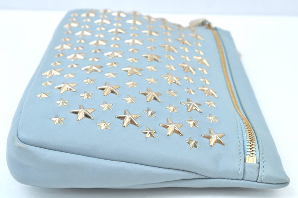 Authentic JIMMY CHOO Star Studs Leather Clutch Bag Purse LightBlue K9652