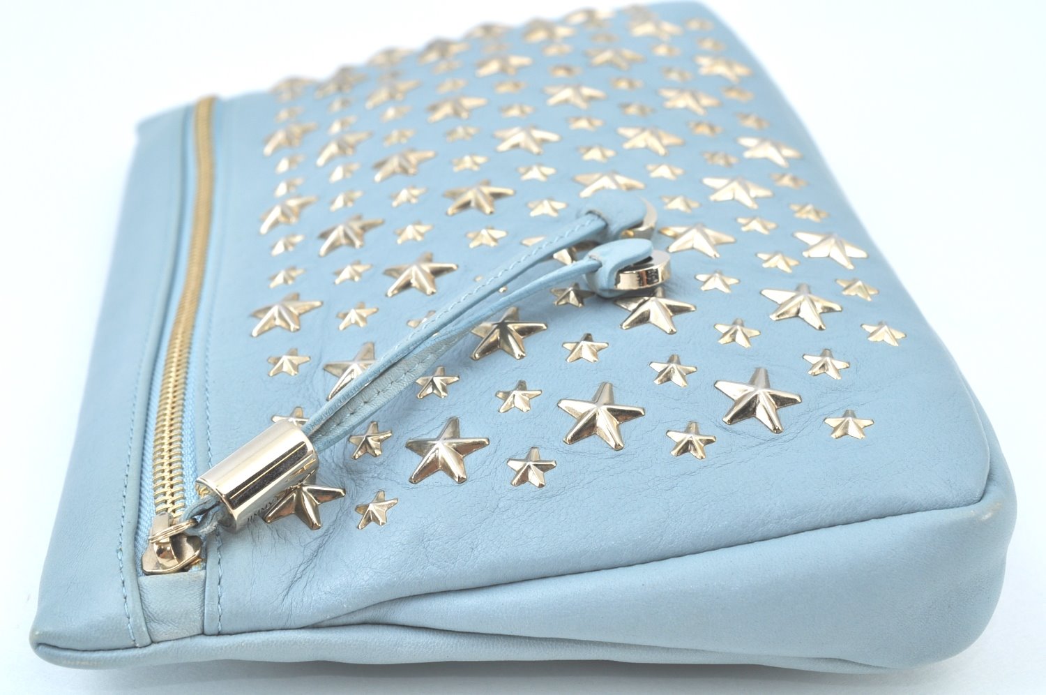 Authentic JIMMY CHOO Star Studs Leather Clutch Bag Purse LightBlue K9652