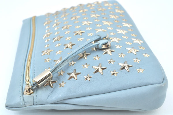 Authentic JIMMY CHOO Star Studs Leather Clutch Bag Purse LightBlue K9652