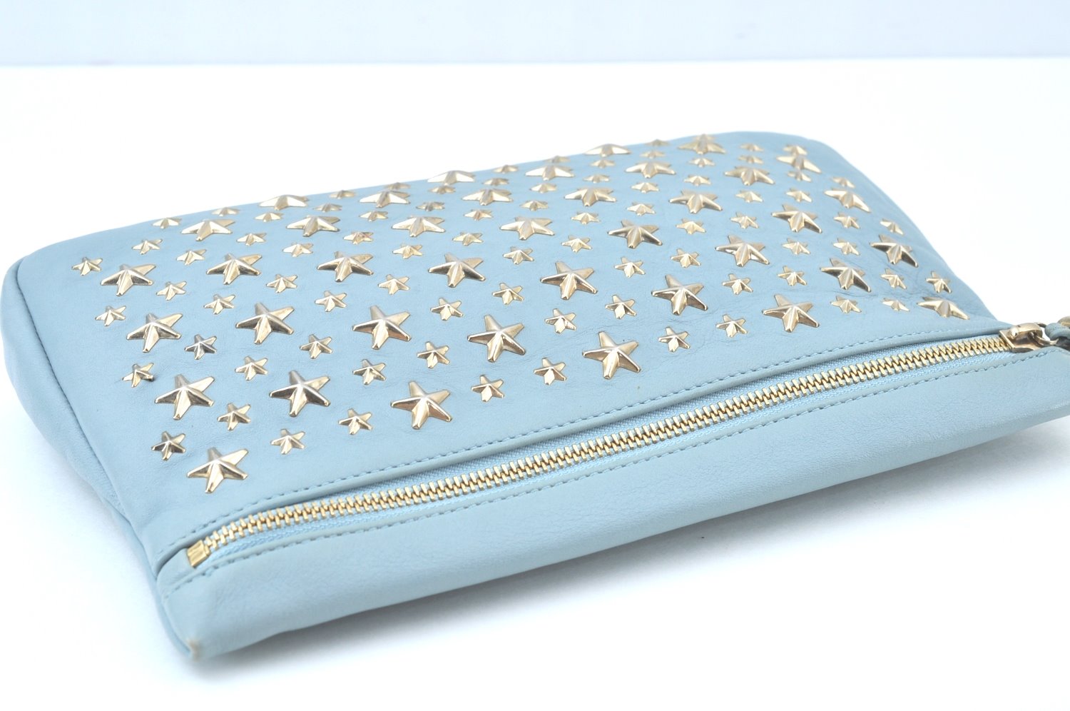Authentic JIMMY CHOO Star Studs Leather Clutch Bag Purse LightBlue K9652