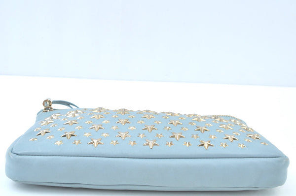 Authentic JIMMY CHOO Star Studs Leather Clutch Bag Purse LightBlue K9652