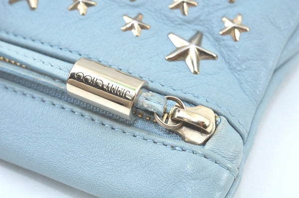 Authentic JIMMY CHOO Star Studs Leather Clutch Bag Purse LightBlue K9652