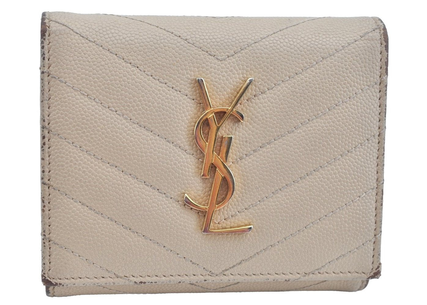 Authentic YVES SAINT LAURENT Trifold Wallet Purse Leather Vstitch Beige K9670