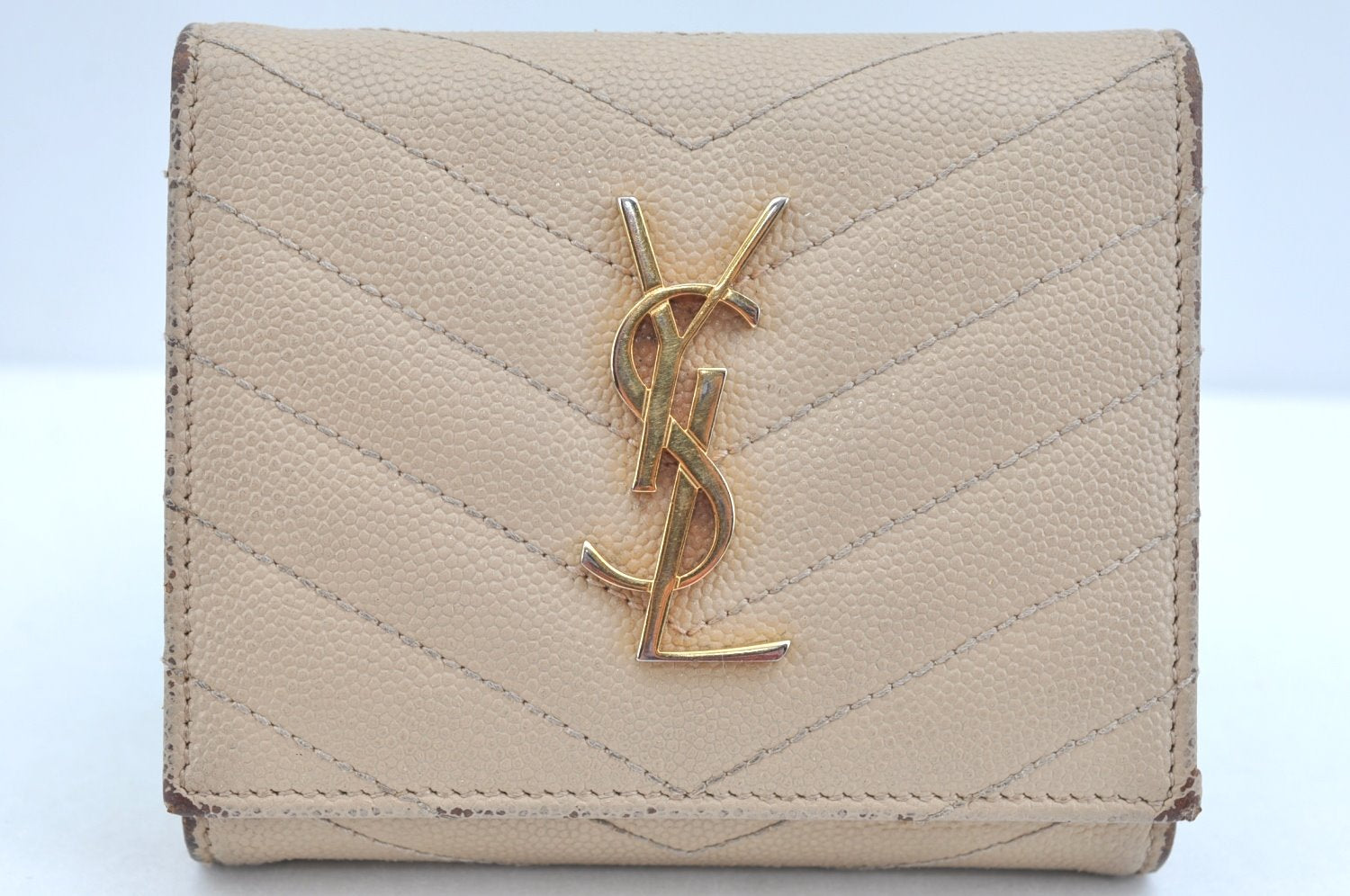 Authentic YVES SAINT LAURENT Trifold Wallet Purse Leather Vstitch Beige K9670