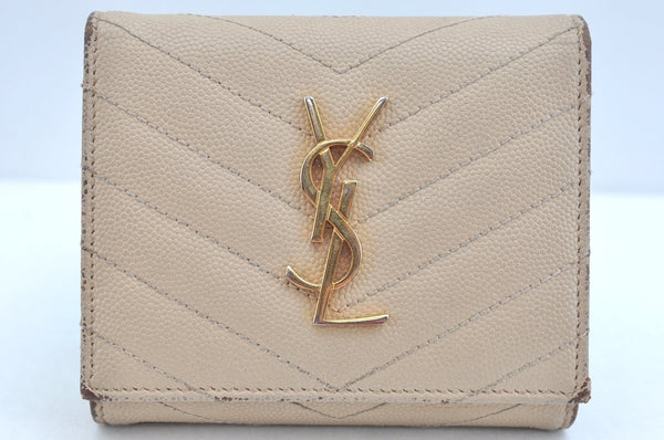 Authentic YVES SAINT LAURENT Trifold Wallet Purse Leather Vstitch Beige K9670