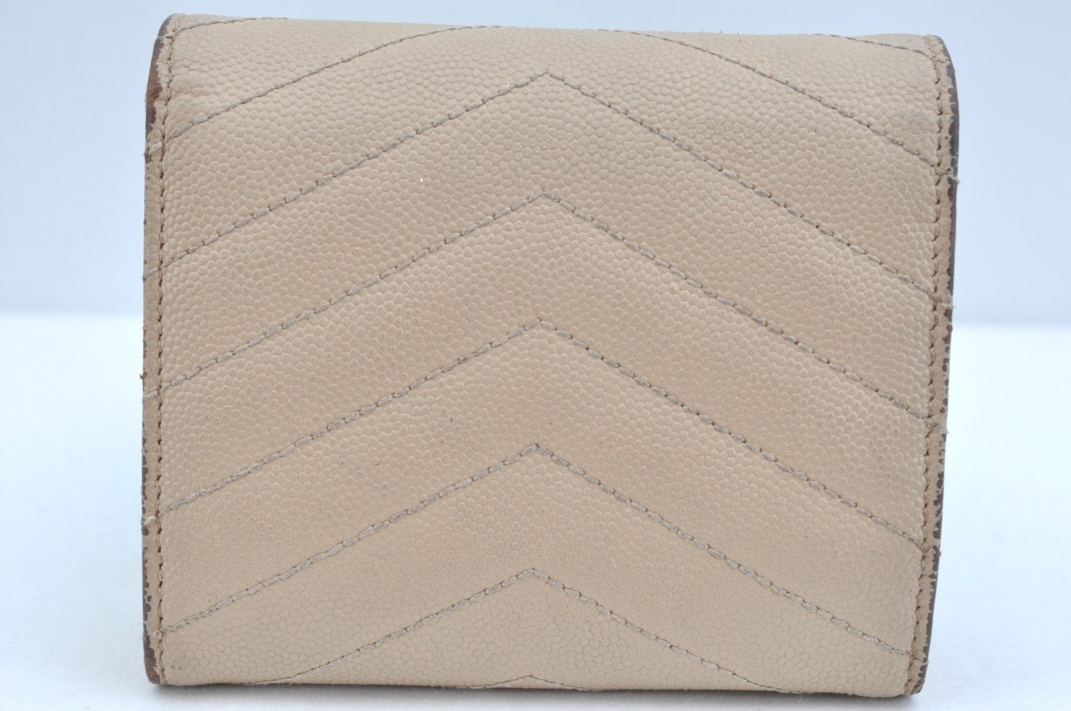 Authentic YVES SAINT LAURENT Trifold Wallet Purse Leather Vstitch Beige K9670