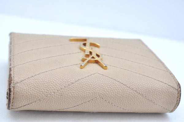 Authentic YVES SAINT LAURENT Trifold Wallet Purse Leather Vstitch Beige K9670