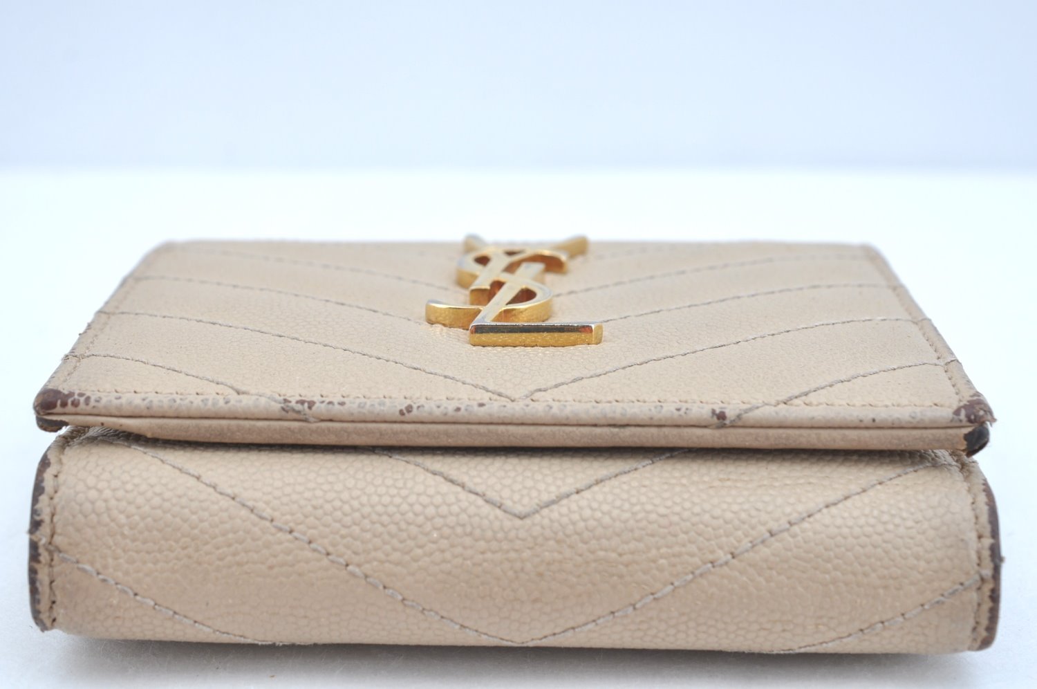 Authentic YVES SAINT LAURENT Trifold Wallet Purse Leather Vstitch Beige K9670