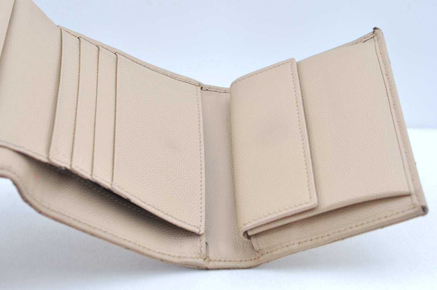 Authentic YVES SAINT LAURENT Trifold Wallet Purse Leather Vstitch Beige K9670