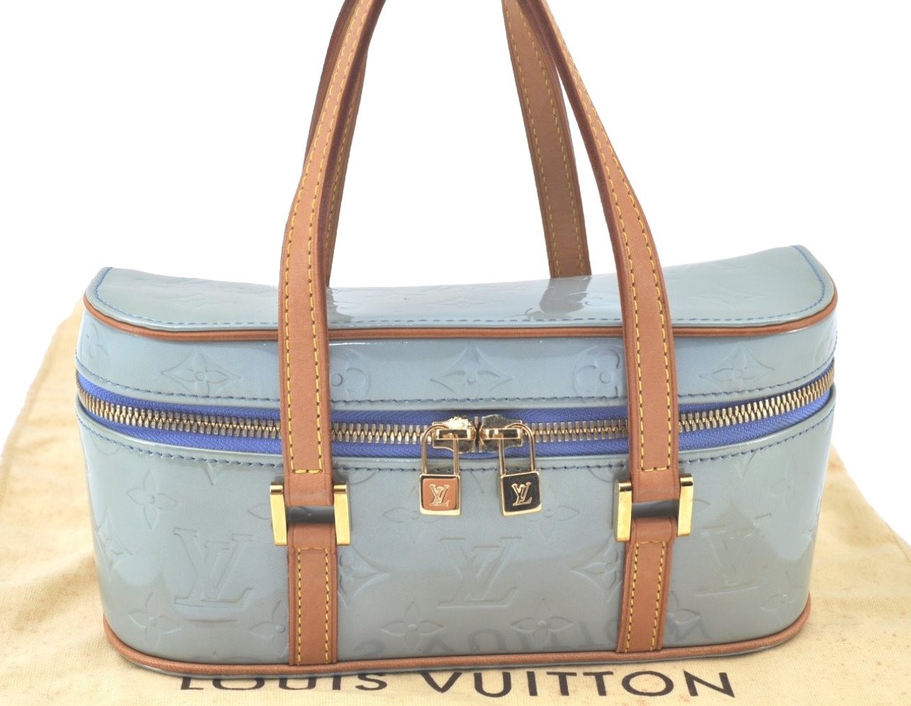 Auth Louis Vuitton Vernis Sullivan Horizontale PM Hand Bag Light Blue LV K9686