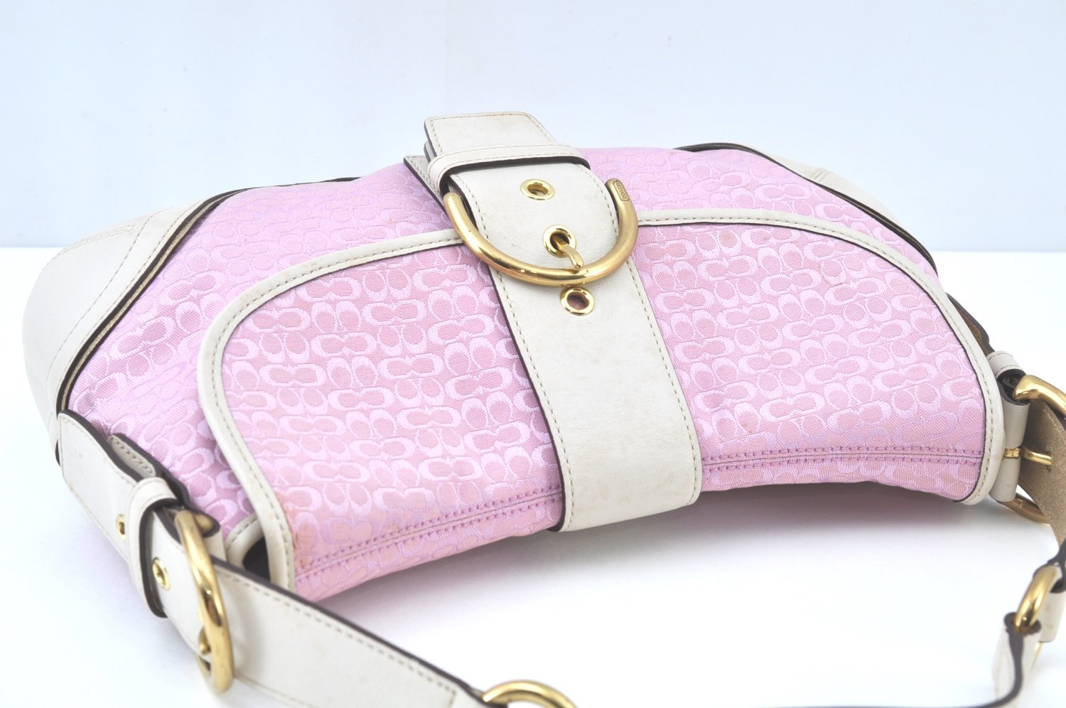 Authentic COACH Signature Shoulder Bag Purse Leather White Pink K9689