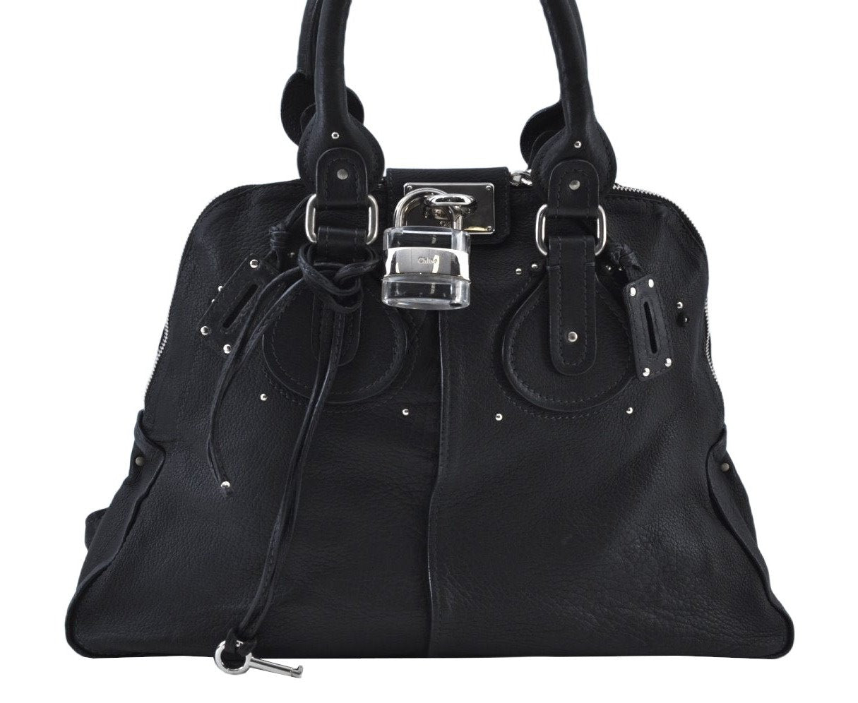 Authentic Chloe Paddington Leather Shoulder Hand Bag Black K9698