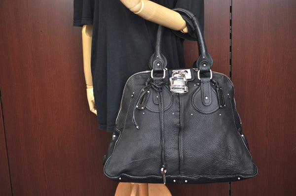 Authentic Chloe Paddington Leather Shoulder Hand Bag Black K9698