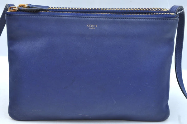 Authentic CELINE TRIO Shoulder Cross Body Clutch Bag Purse Leather Blue K9778