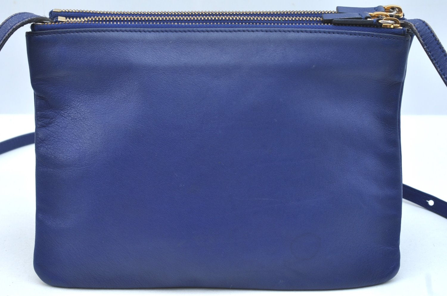 Authentic CELINE TRIO Shoulder Cross Body Clutch Bag Purse Leather Blue K9778