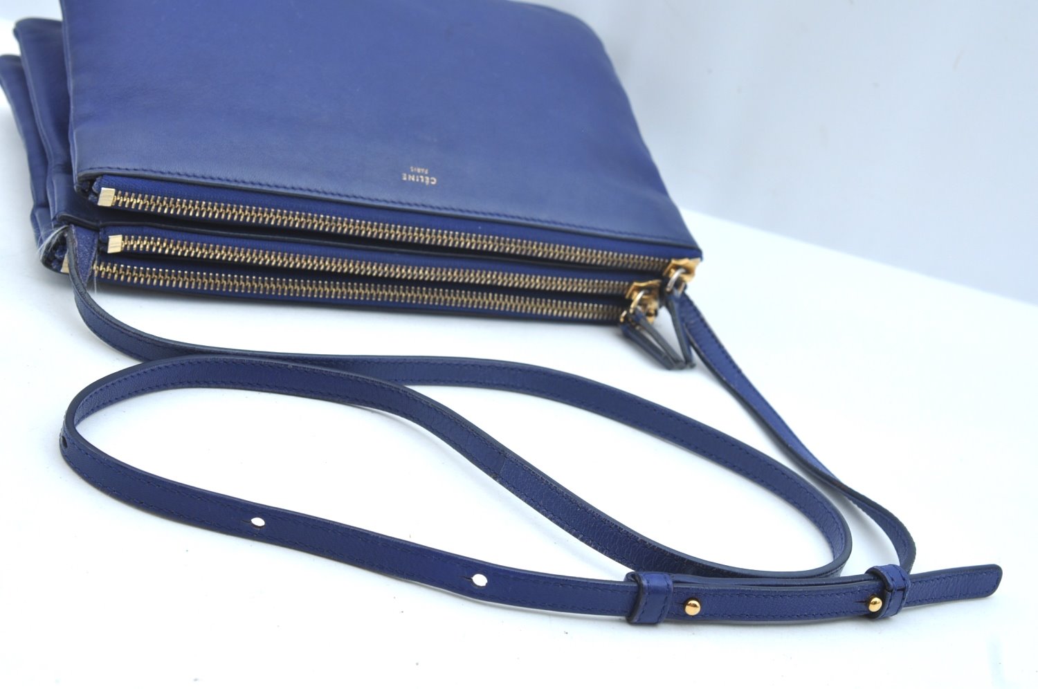 Authentic CELINE TRIO Shoulder Cross Body Clutch Bag Purse Leather Blue K9778