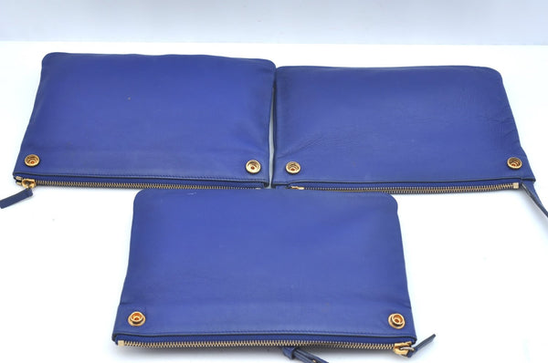 Authentic CELINE TRIO Shoulder Cross Body Clutch Bag Purse Leather Blue K9778