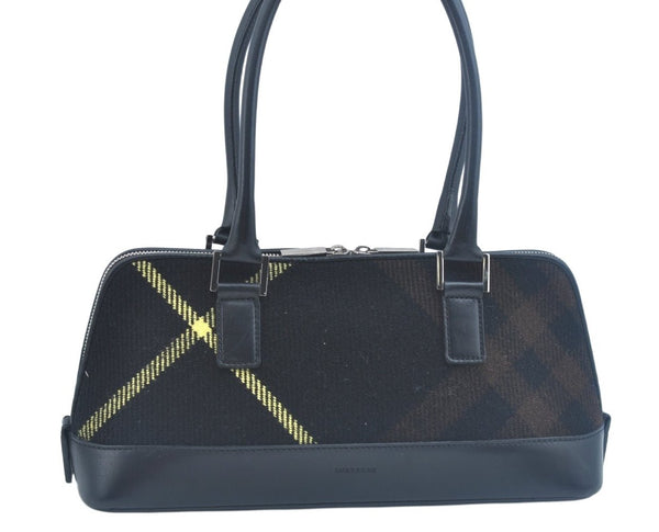 Authentic BURBERRY Vintage Wool Leather Shoulder Hand Bag Purse Black K9789