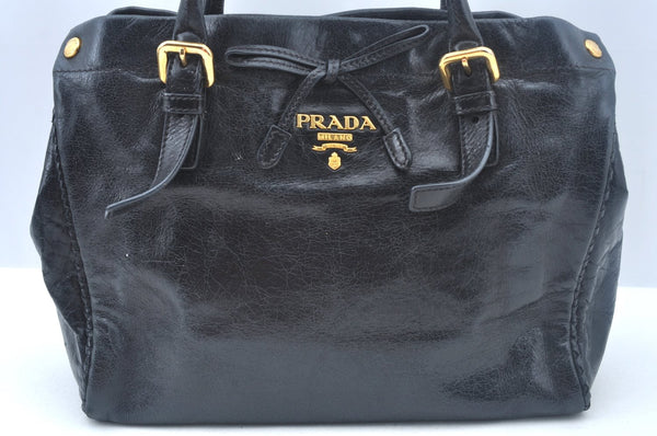 Authentic PRADA Leather Ribbon Hand Bag Purse Black Junk K9795