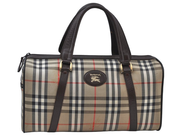 Authentic Burberrys Vintage Check Canvas Travel Boston Bag Brown Beige K9796