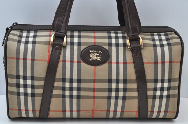 Authentic Burberrys Vintage Check Canvas Travel Boston Bag Brown Beige K9796