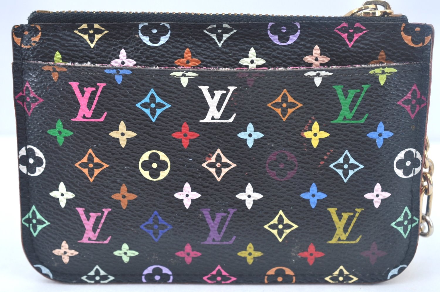 Authentic Louis Vuitton Monogram Multicolor Pochette Cles Black Coin Purse K9807