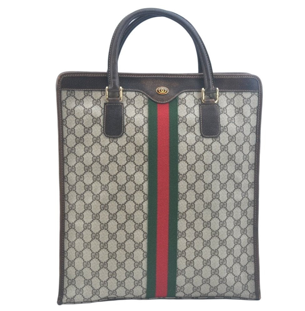 Authentic GUCCI Web Sherry Line Hand Bag GG PVC Leather Brown K9824