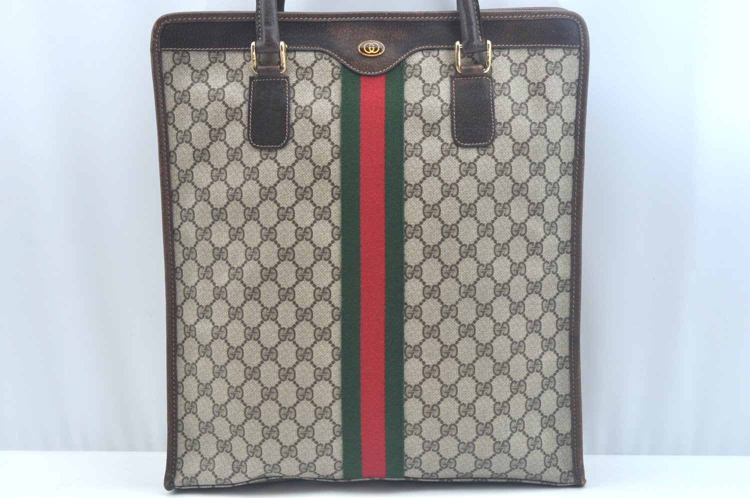 Authentic GUCCI Web Sherry Line Hand Bag GG PVC Leather Brown K9824