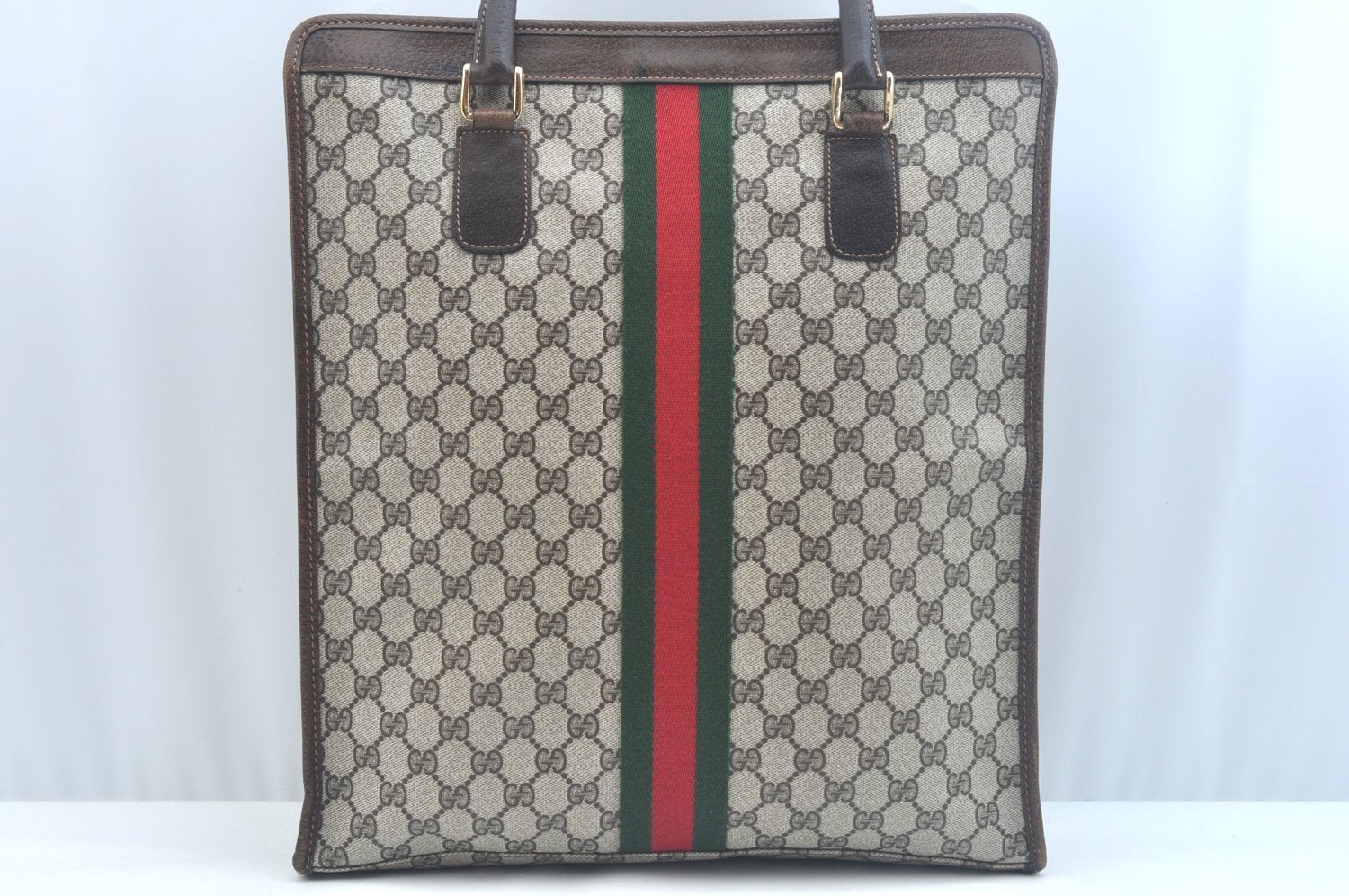 Authentic GUCCI Web Sherry Line Hand Bag GG PVC Leather Brown K9824
