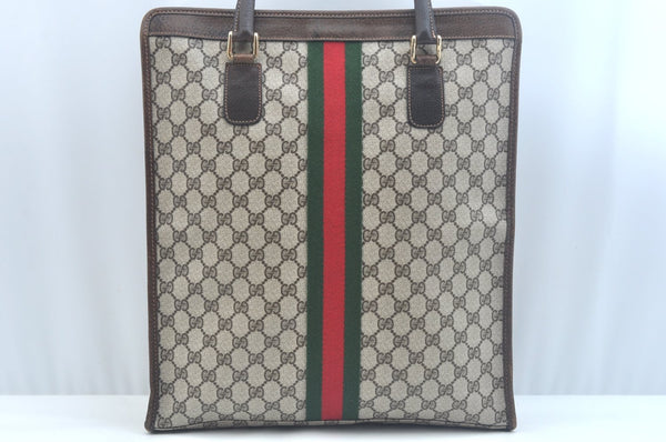 Authentic GUCCI Web Sherry Line Hand Bag GG PVC Leather Brown K9824