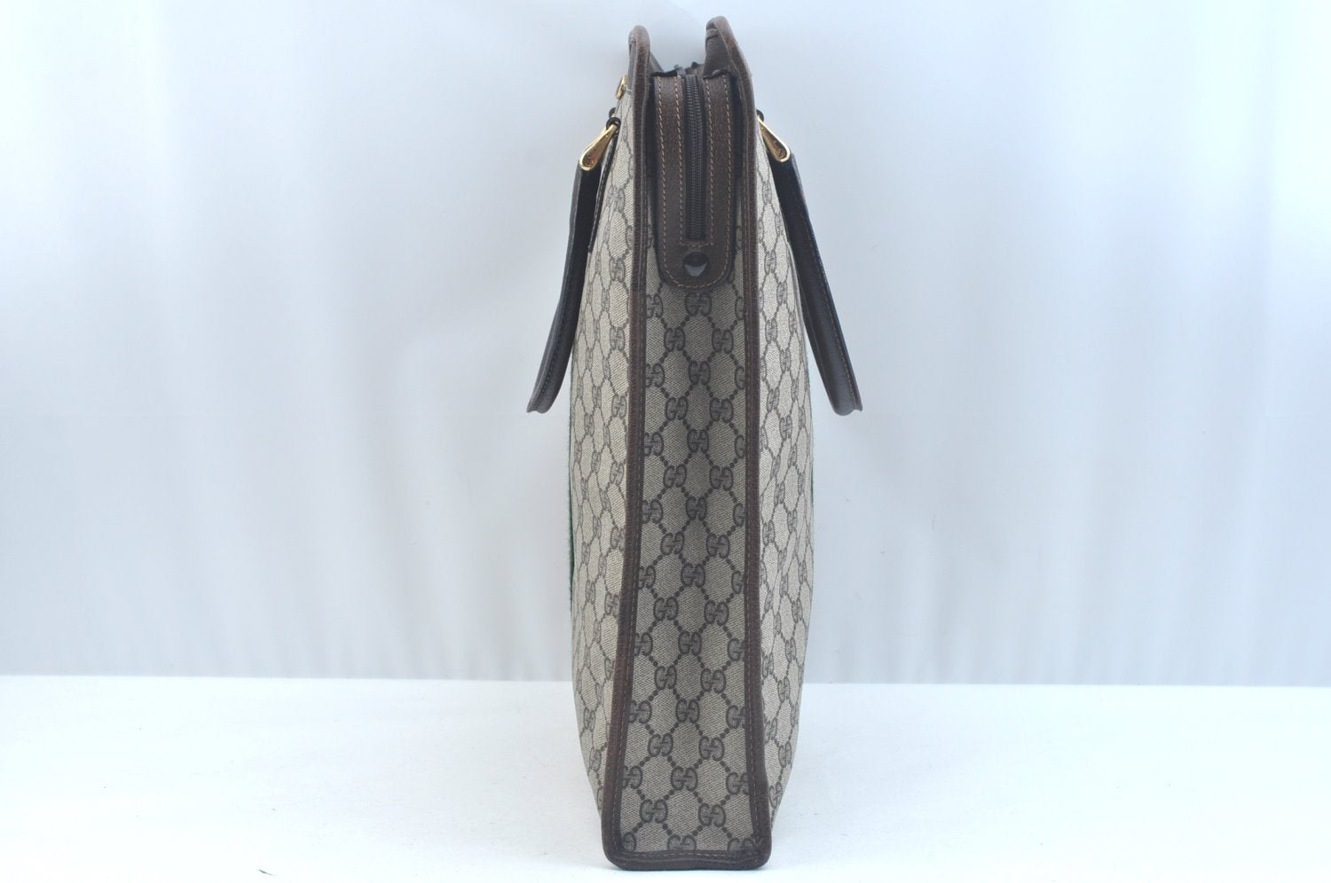Authentic GUCCI Web Sherry Line Hand Bag GG PVC Leather Brown K9824