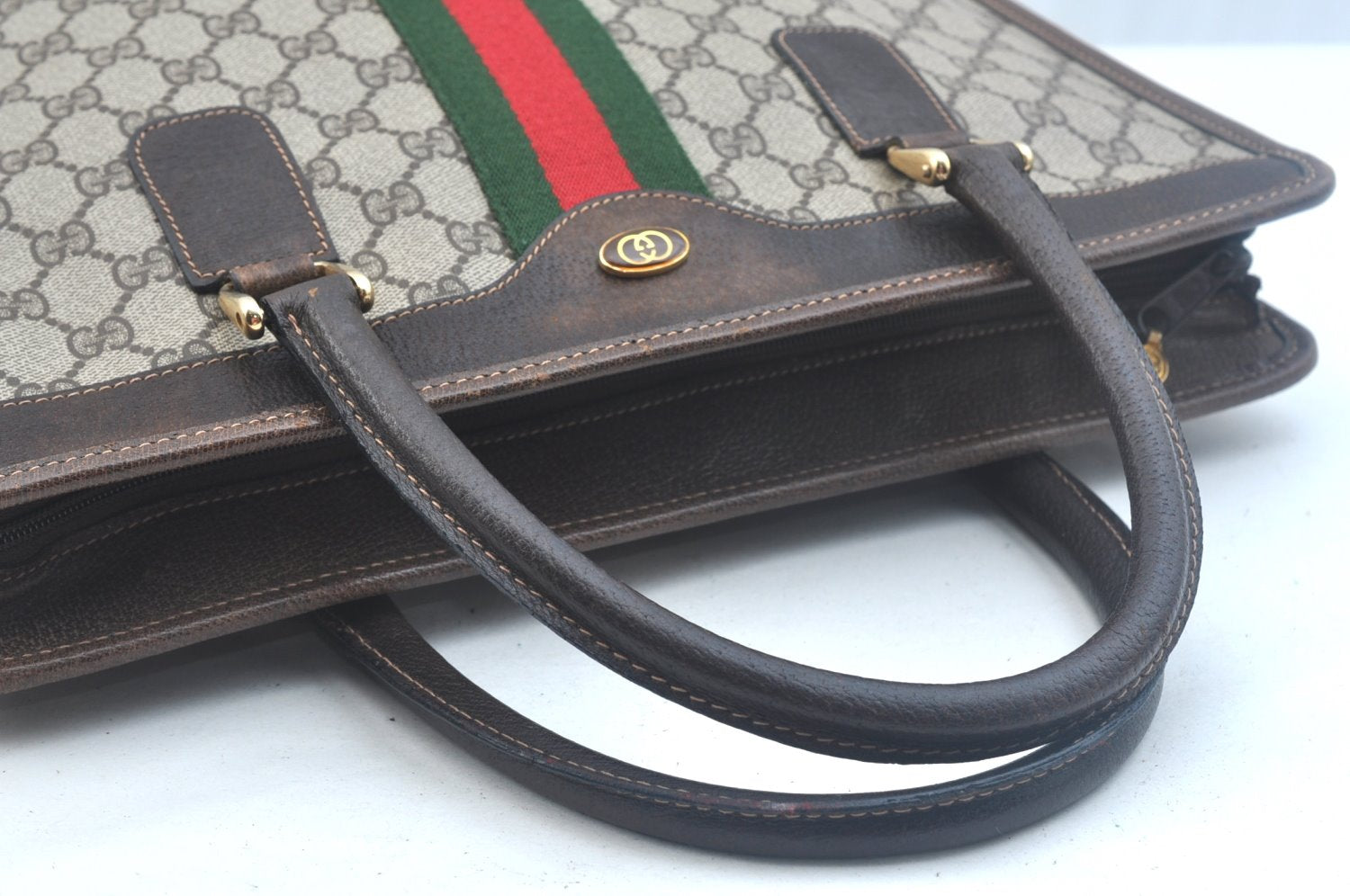 Authentic GUCCI Web Sherry Line Hand Bag GG PVC Leather Brown K9824