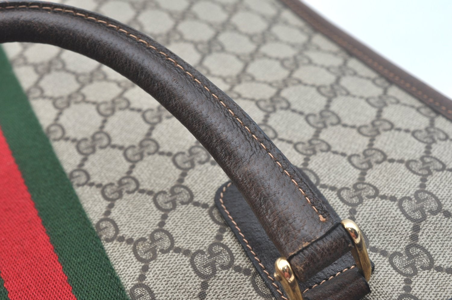 Authentic GUCCI Web Sherry Line Hand Bag GG PVC Leather Brown K9824
