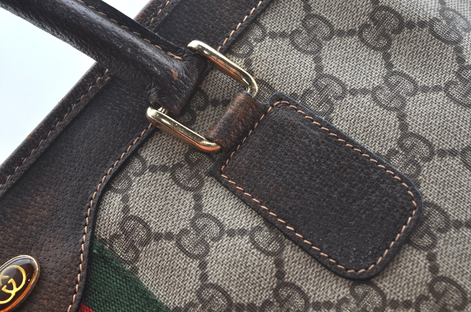 Authentic GUCCI Web Sherry Line Hand Bag GG PVC Leather Brown K9824