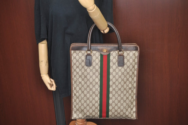 Authentic GUCCI Web Sherry Line Hand Bag GG PVC Leather Brown K9824