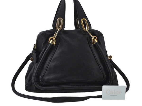 Authentic Chloe Paraty Medium 2Way Shoulder Hand Bag Purse Leather Black K9830