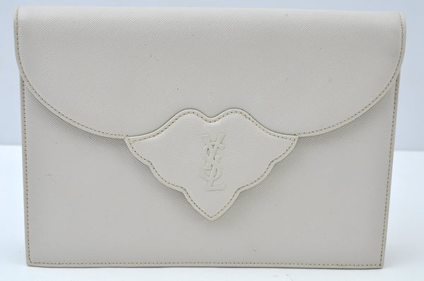 Authentic YVES SAINT LAURENT Clutch Hand Bag Purse Leather White K9837