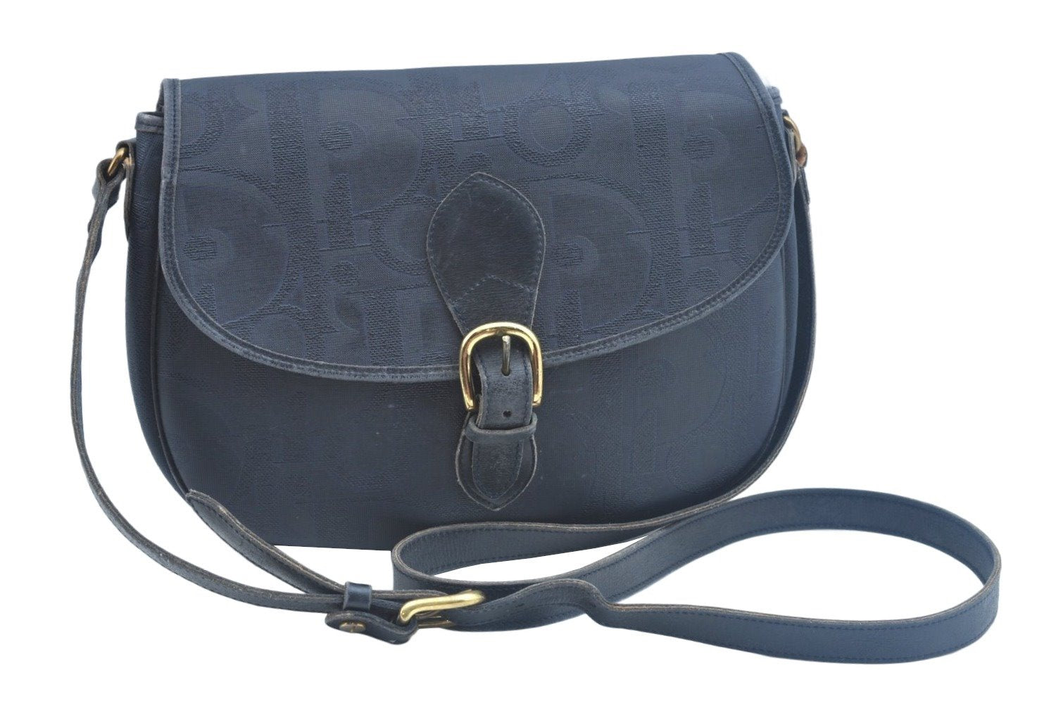 Auth Christian Dior Trotter Shoulder Cross Body Bag PVC Leather Navy Blue K9840