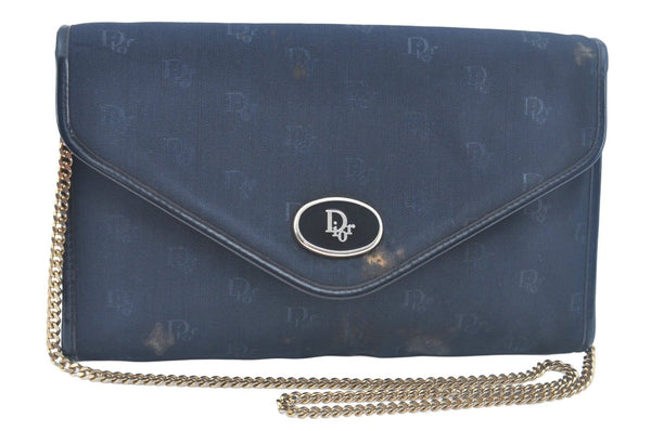 Auth Christian Dior Trotter Chain Shoulder Cross Bag Canvas Navy Blue Junk K9843