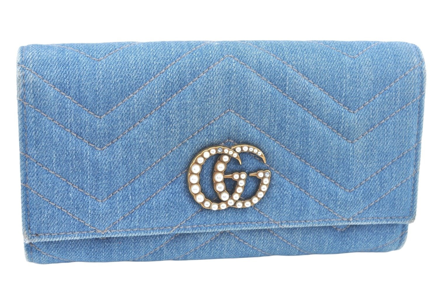 Authentic GUCCI GG Marmont Continental Long Wallet Denim 443436 Light Blue K9847