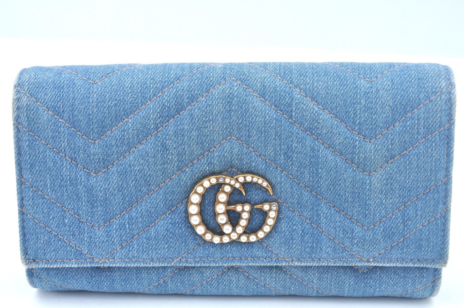 Authentic GUCCI GG Marmont Continental Long Wallet Denim 443436 Light Blue K9847