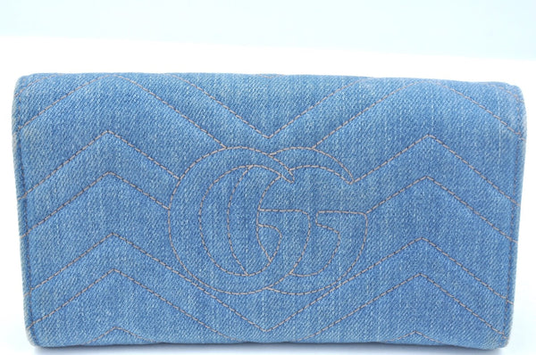 Authentic GUCCI GG Marmont Continental Long Wallet Denim 443436 Light Blue K9847