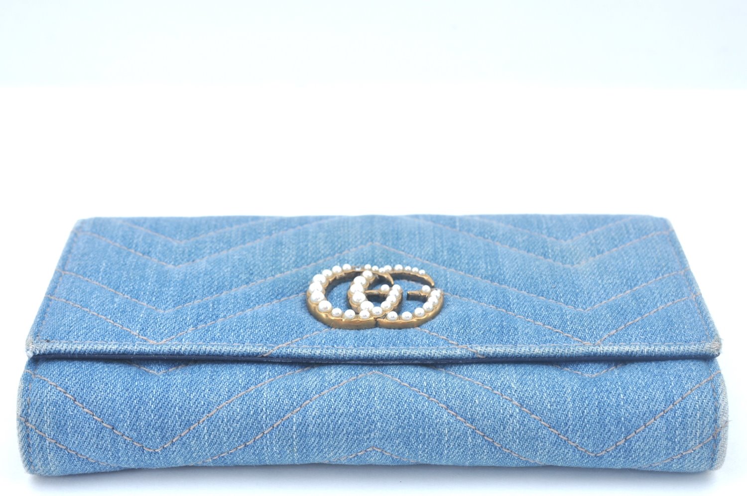 Authentic GUCCI GG Marmont Continental Long Wallet Denim 443436 Light Blue K9847