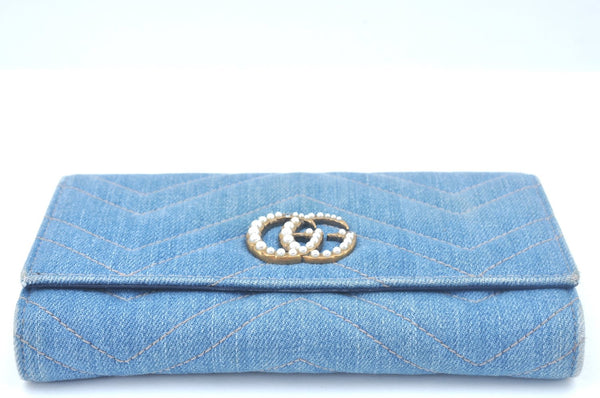 Authentic GUCCI GG Marmont Continental Long Wallet Denim 443436 Light Blue K9847