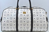 Authentic MCM Leather Travel Boston Bag White Navy K9853