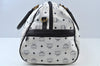 Authentic MCM Leather Travel Boston Bag White Navy K9853